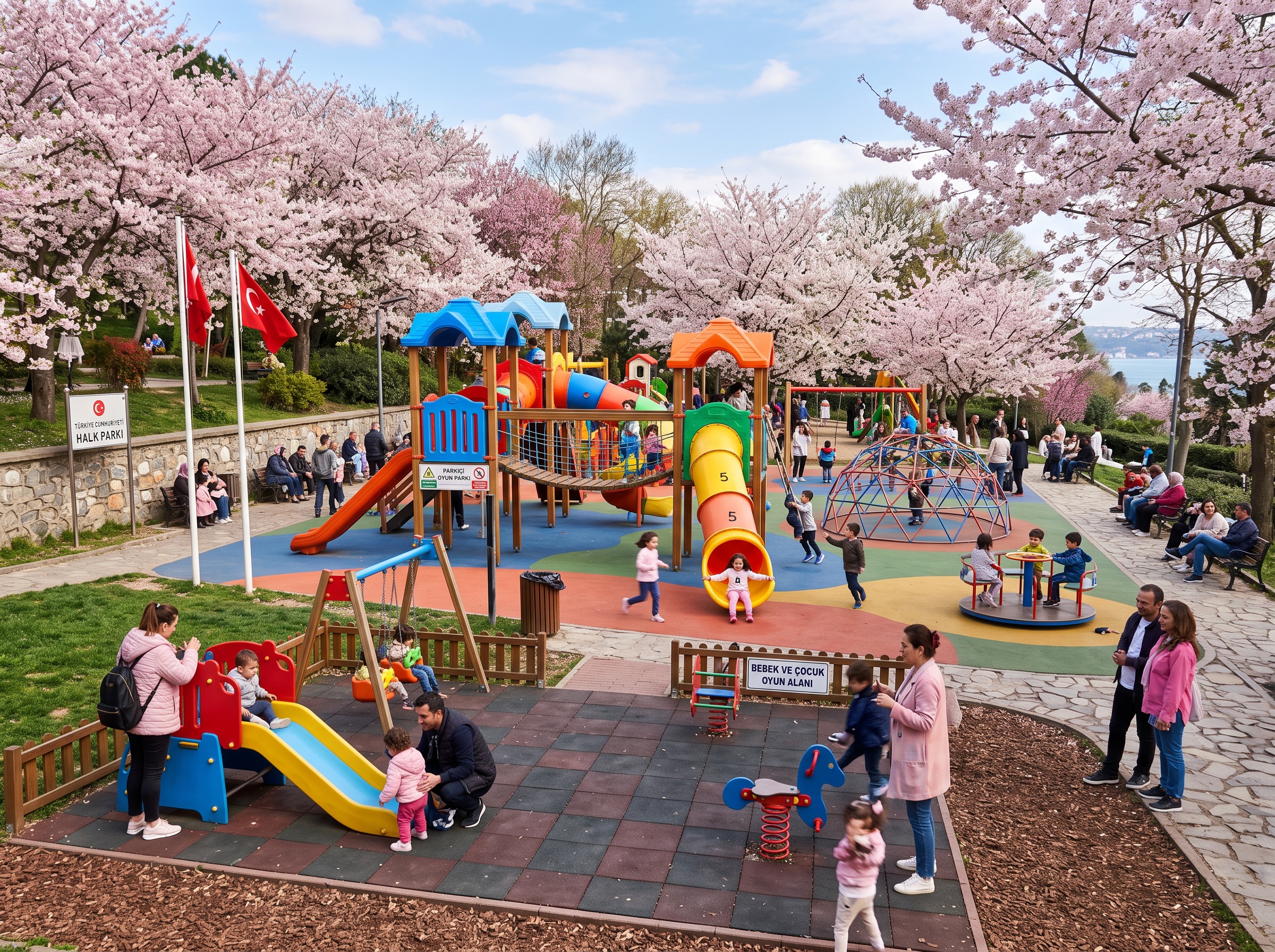 Public park playground with cherry blossom trees